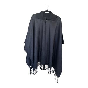 Wool 100% Cape Poncho Native Inspired Black Collar Button Fringe Subtle Pattern